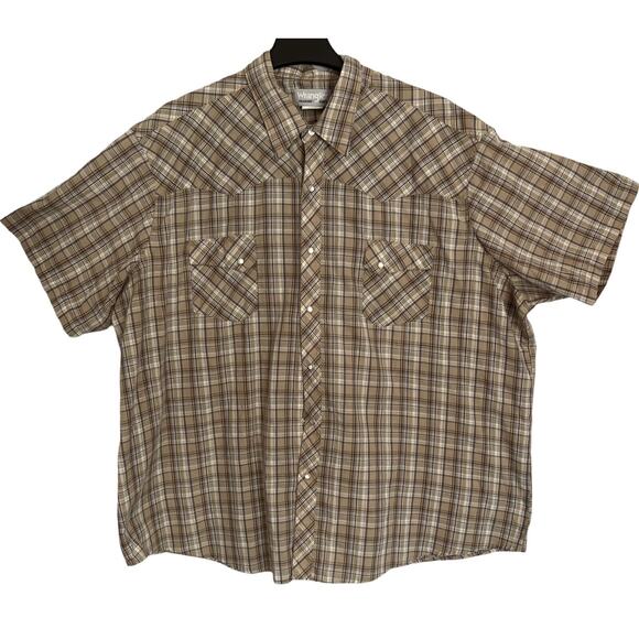 Wrangler Wrancher Shirt Mens Size 3X Brown Short Sleeve Pearl Snap Collar - Picture 1 of 7